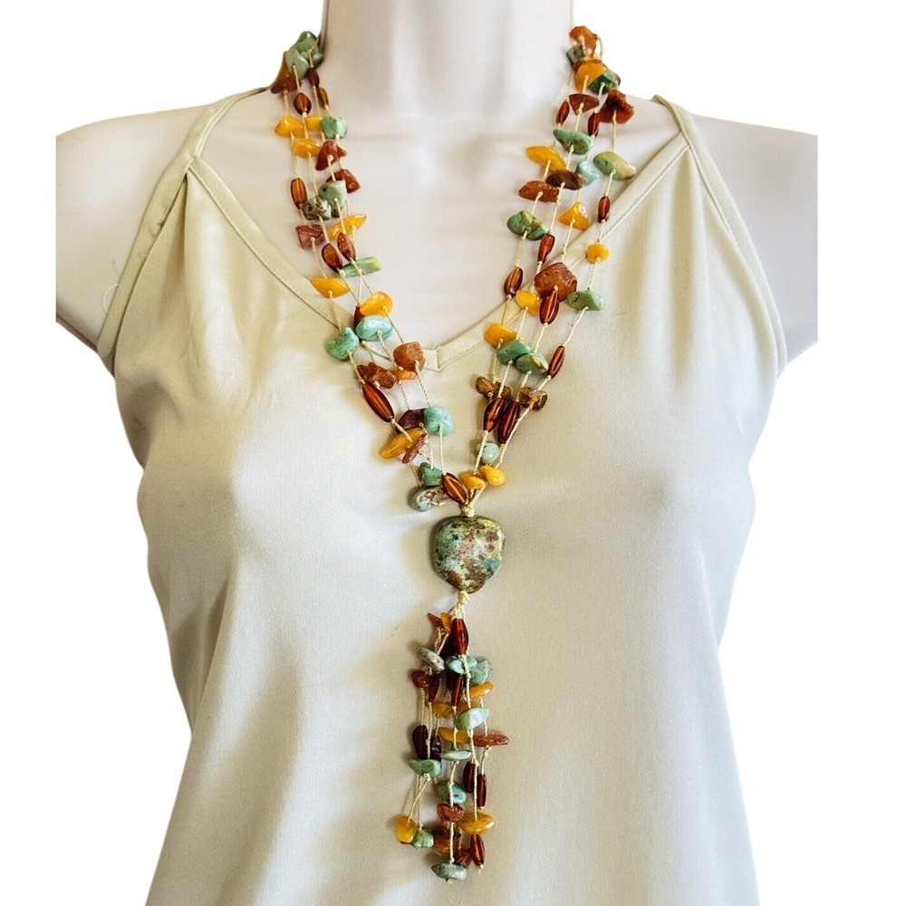 VTG Natural Turquoise Egg Yolk Amber Beaded Necklace Genuine Collar Statement‎